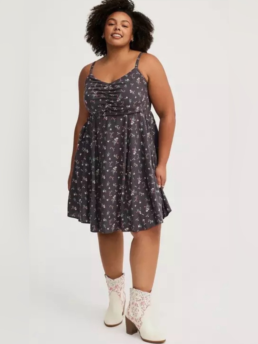 Torrid|Mini challis Skater Dress in gray ditsy Florals,Spaghetti Strap Dress•NWT